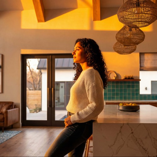resident leans against kitchen counter